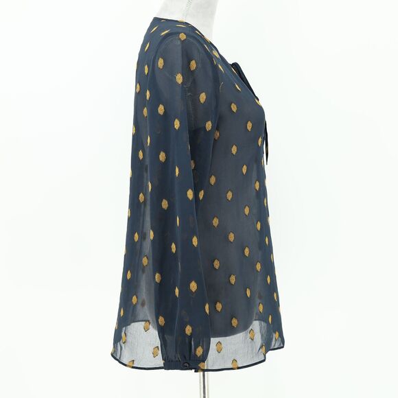 Ann Taylor Top Petites SP PS Navy Blue Sheer Blouse Gold Medallions Embroidery - Picture 11 of 14